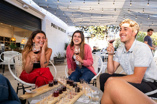 Funk Zone, Santa Barbara wine garden patio - friends laughing over fine wine and good times