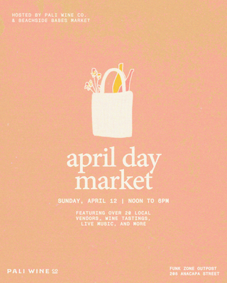 Promotional poster for April Day Market with a tote bag graphic on a pink background.